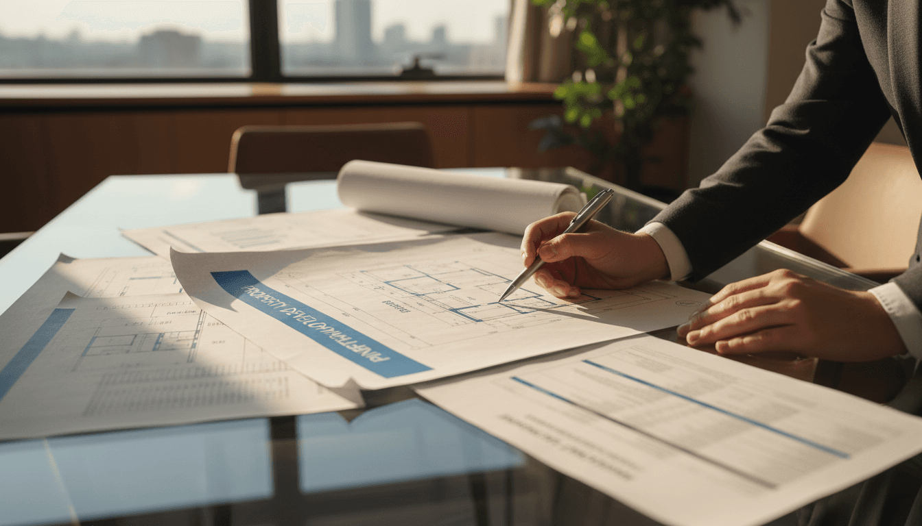Professional reviewing investment blueprints and financial documents
